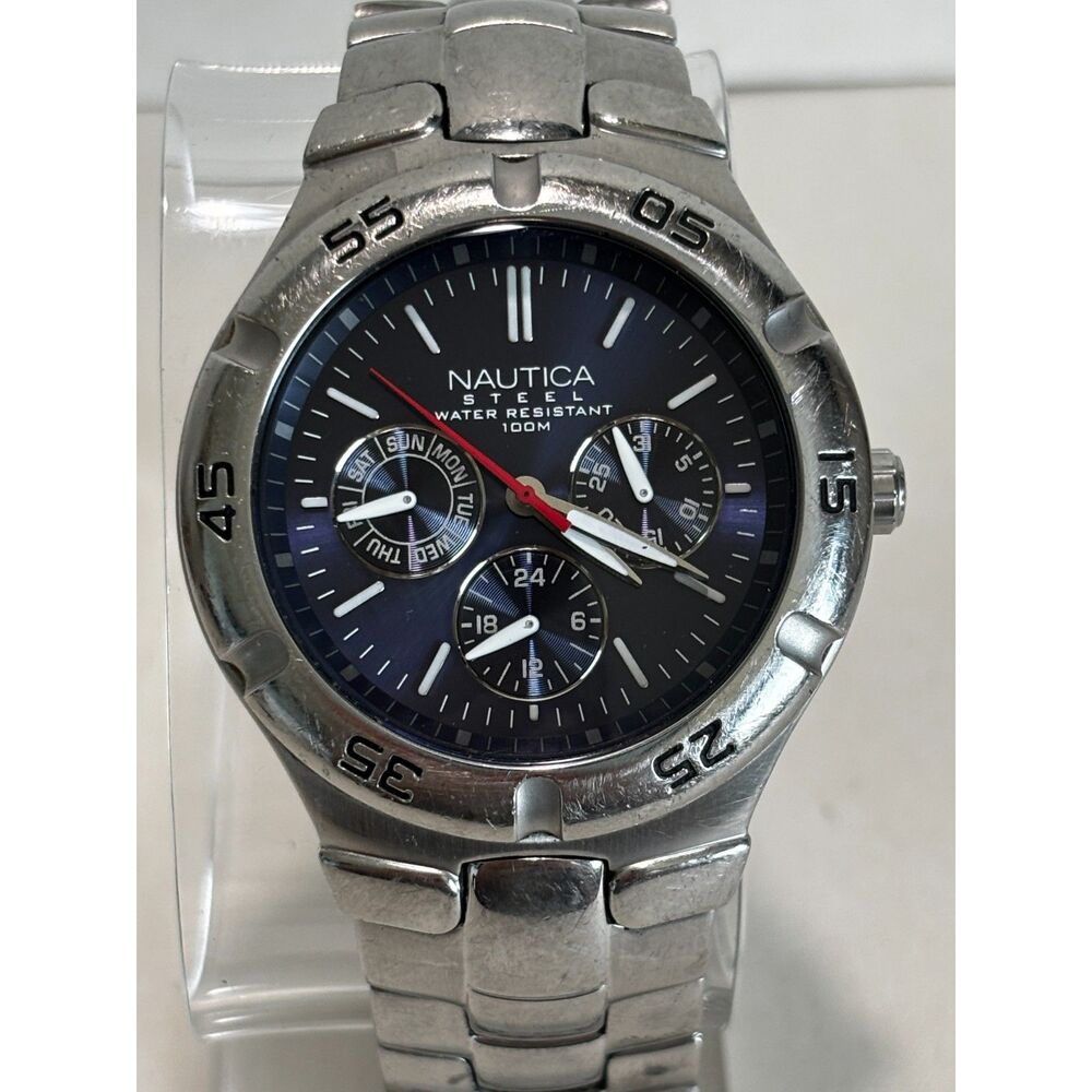 Nautica N10061 stainless steel multifunction men's watch, working